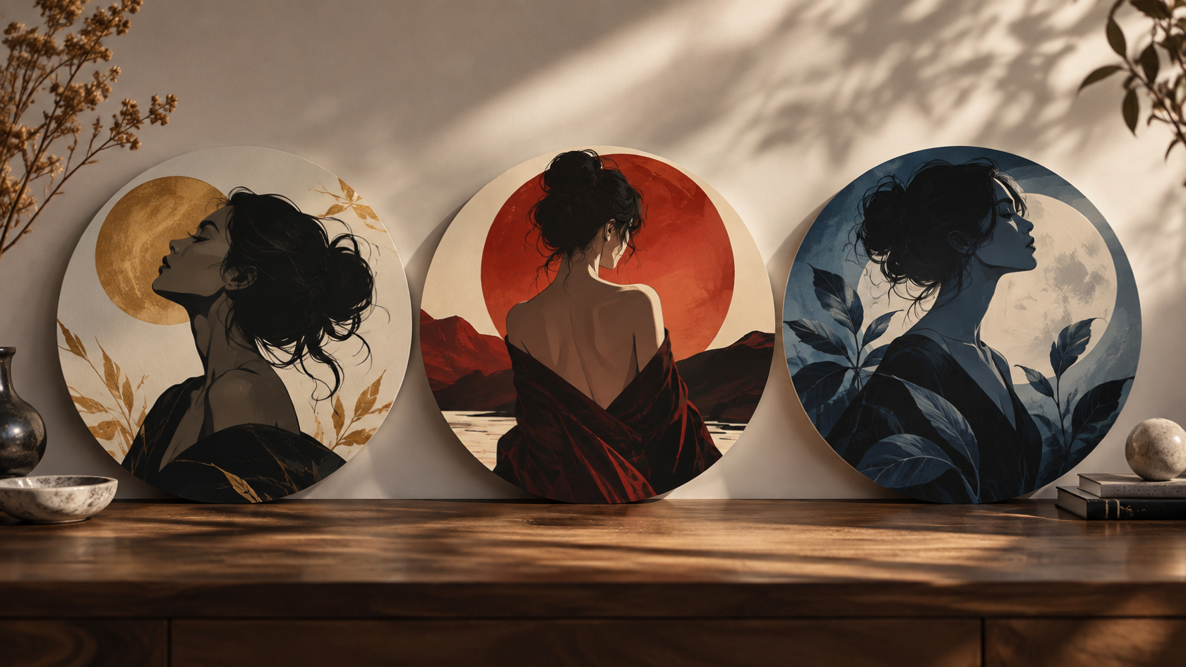 Three physical round prints of original adult illustrated profiles with centered crop-safe subjects