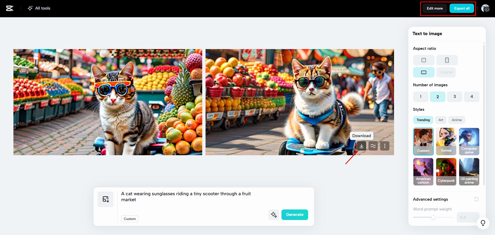 Downloading the image from CapCut Web