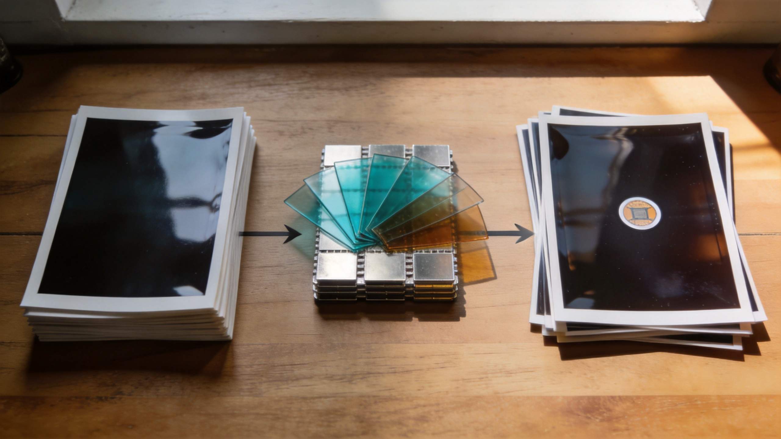 Stacks of photo prints flank color filter swatches on a wooden table, with arrows pointing left to right.