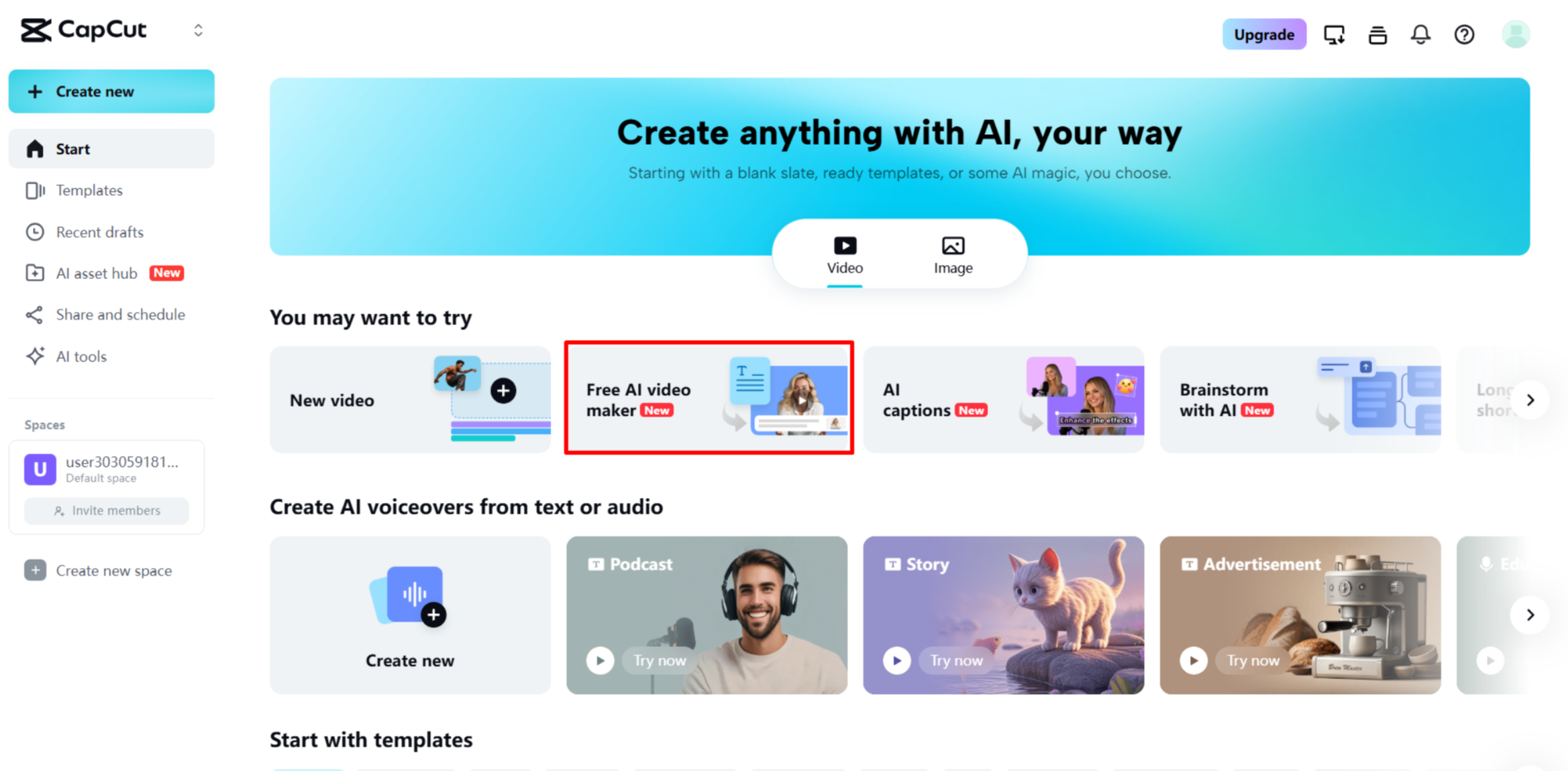 Access the AI video maker tool on the CapCut Web