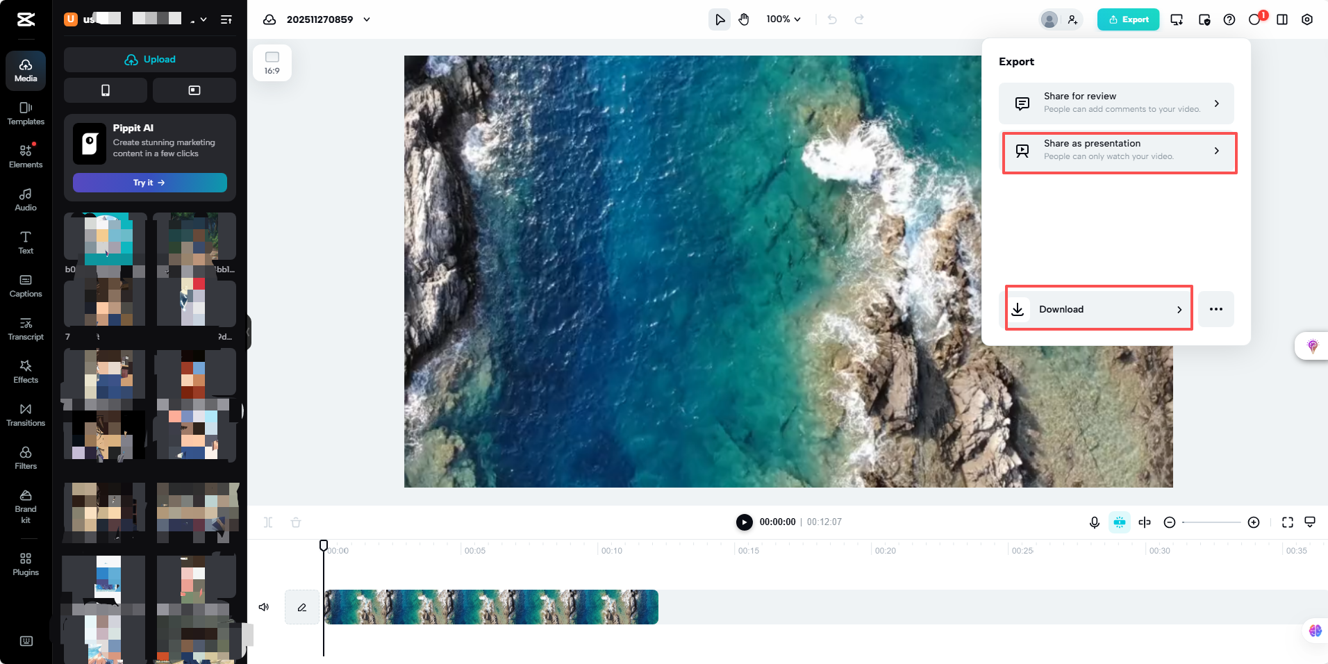 The export feature on the web version