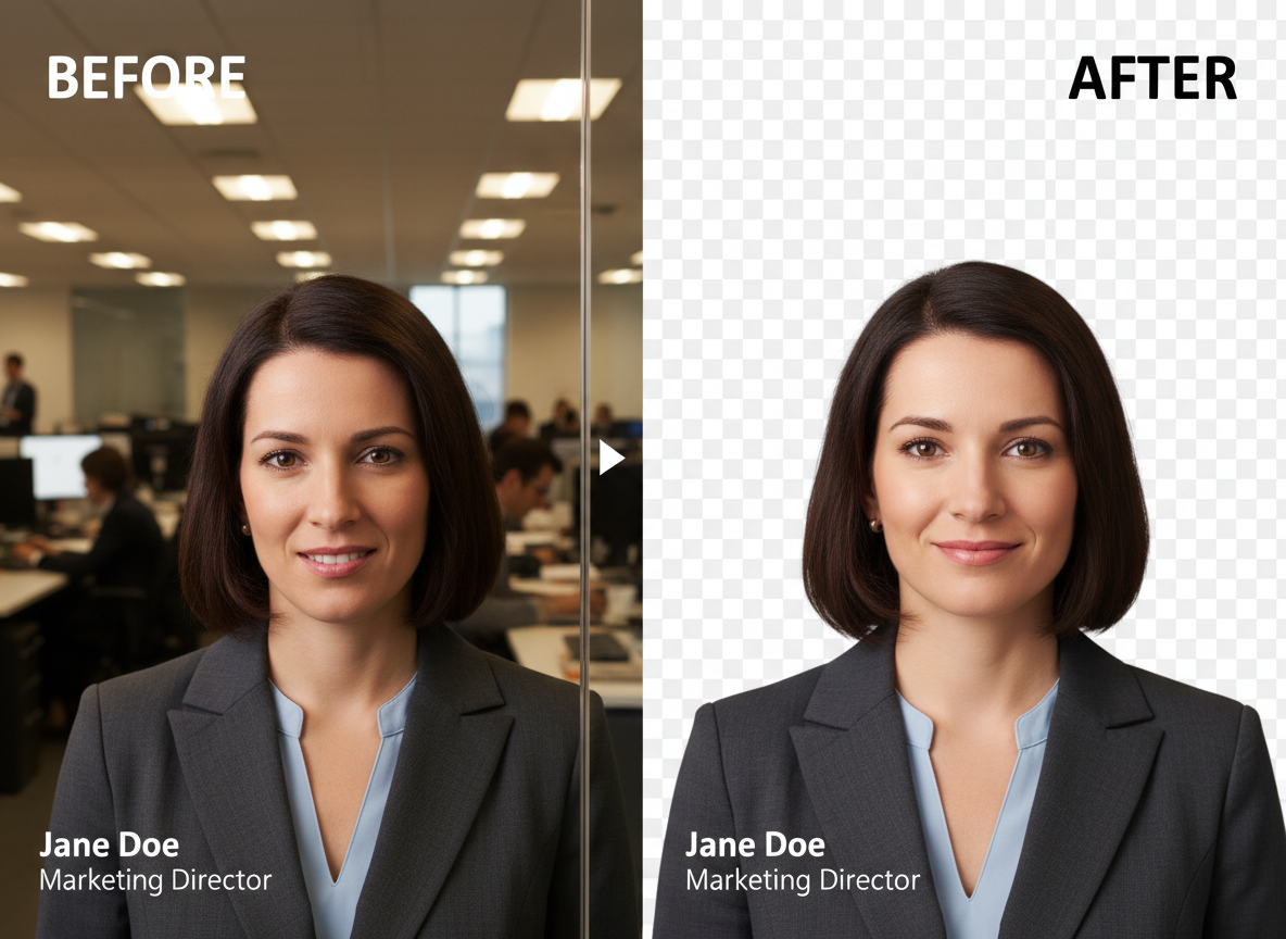 Before/after corporate email signature headshot: busy office vs clean transparent PNG portrait crop, consistent studio lighting.