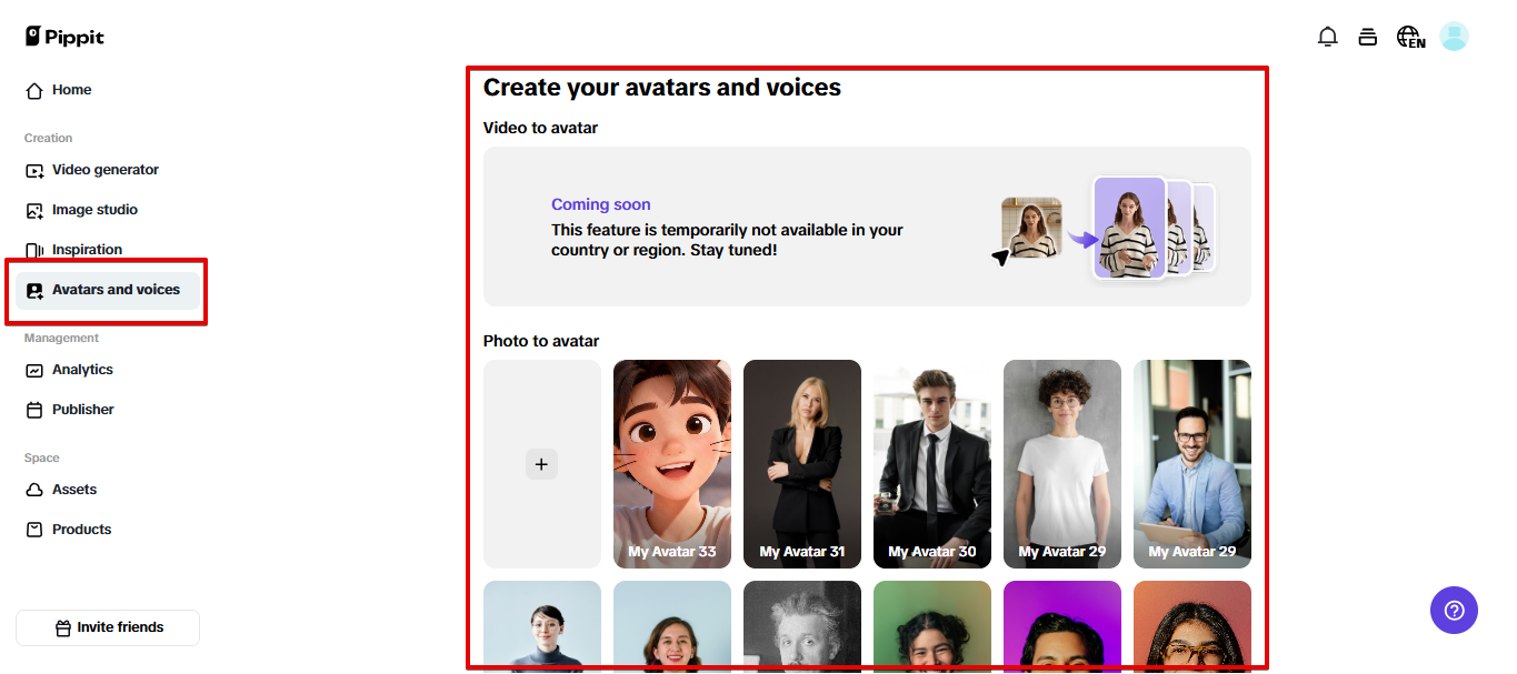 AI avatars and voices library in Pippit