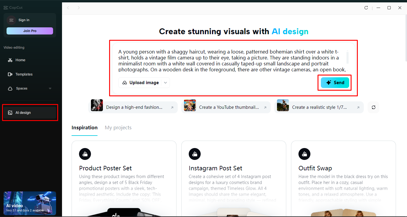 Accessing the AI design agent and writing the prompt in the CapCut desktop video editor