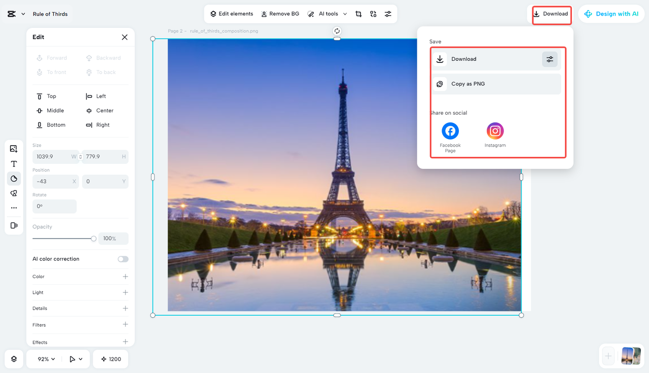 Exporting the photo in CapCut