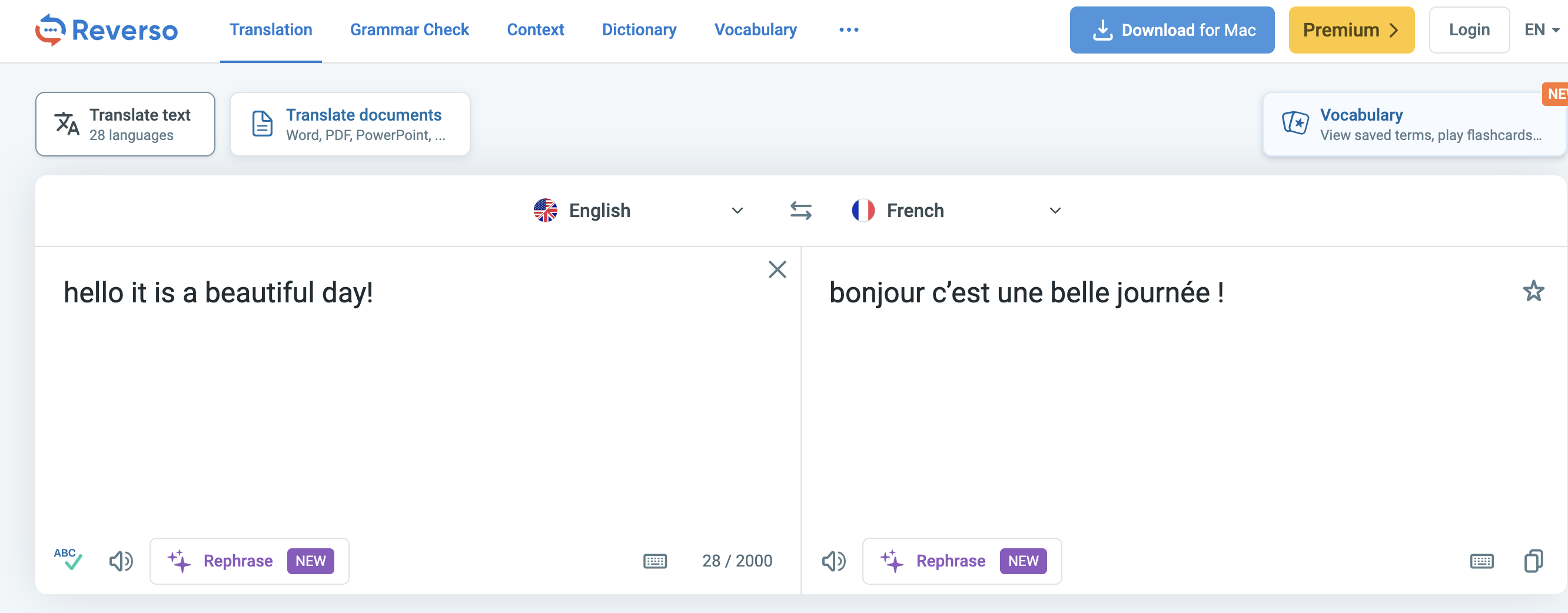 Reverso English to French translating online tool