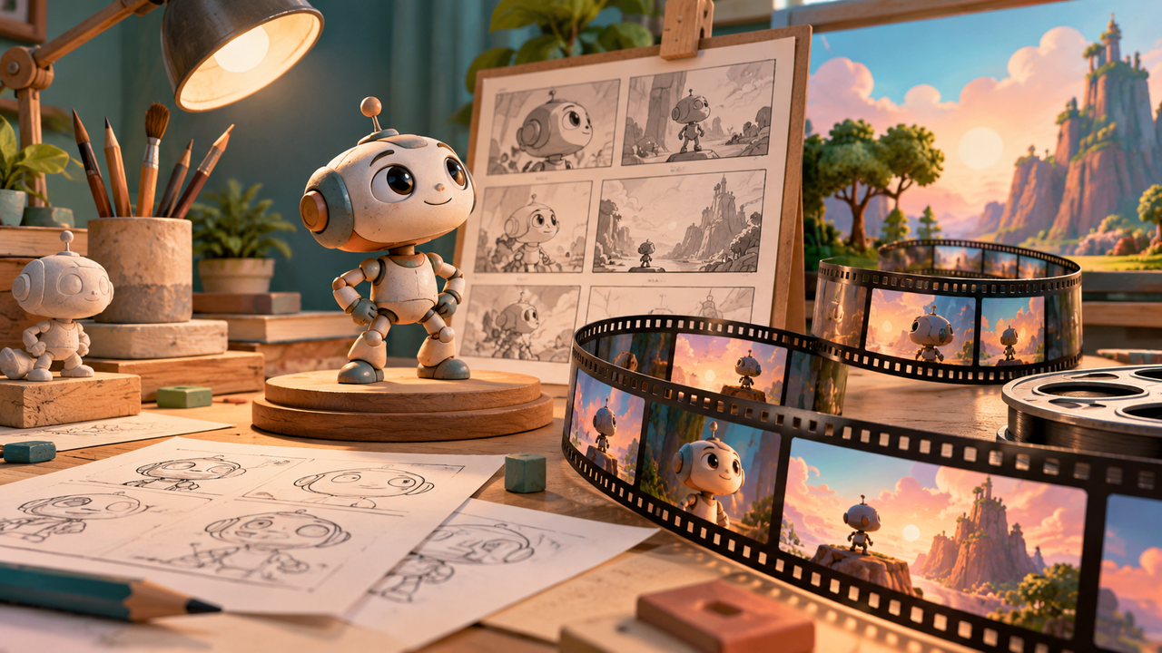 A robot model, sequential storyboards and a film ribbon