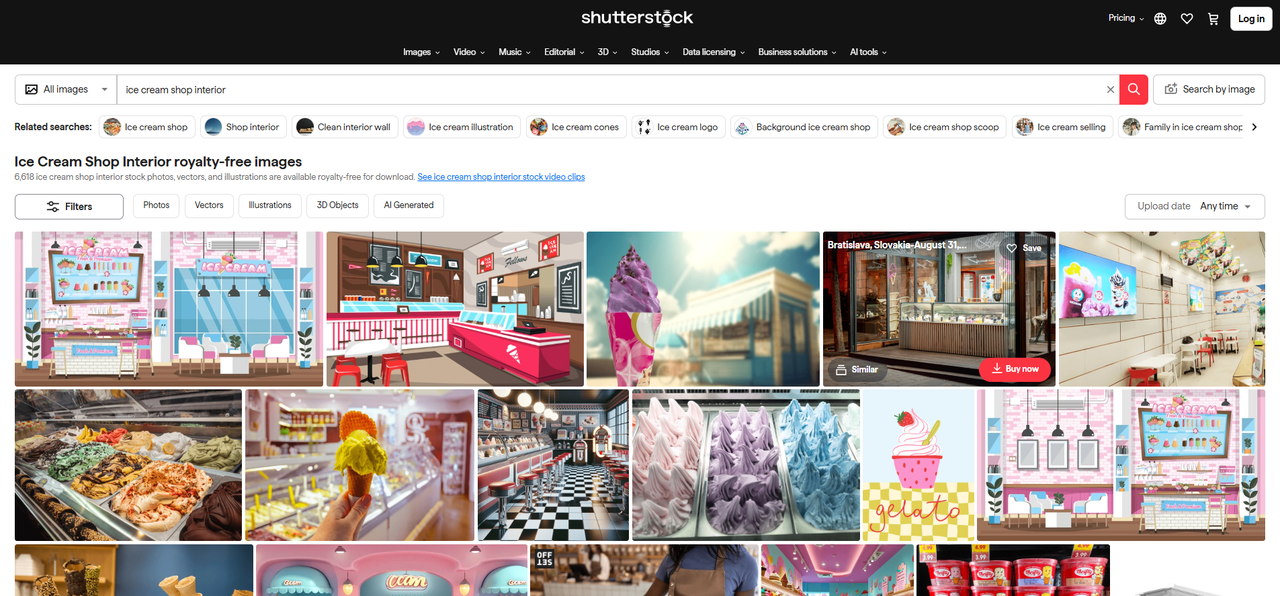 Interface of Shutterstock - the most liked site for ice cream shop interior designs