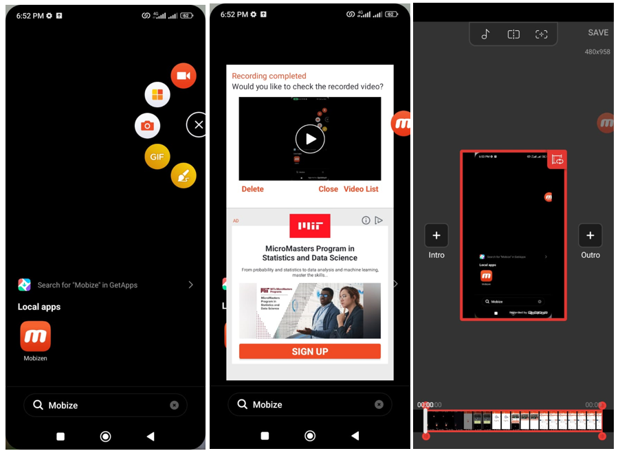 Android용 풀 HD 화면 레코더 중 하나인 Mobizen의 인터페이스