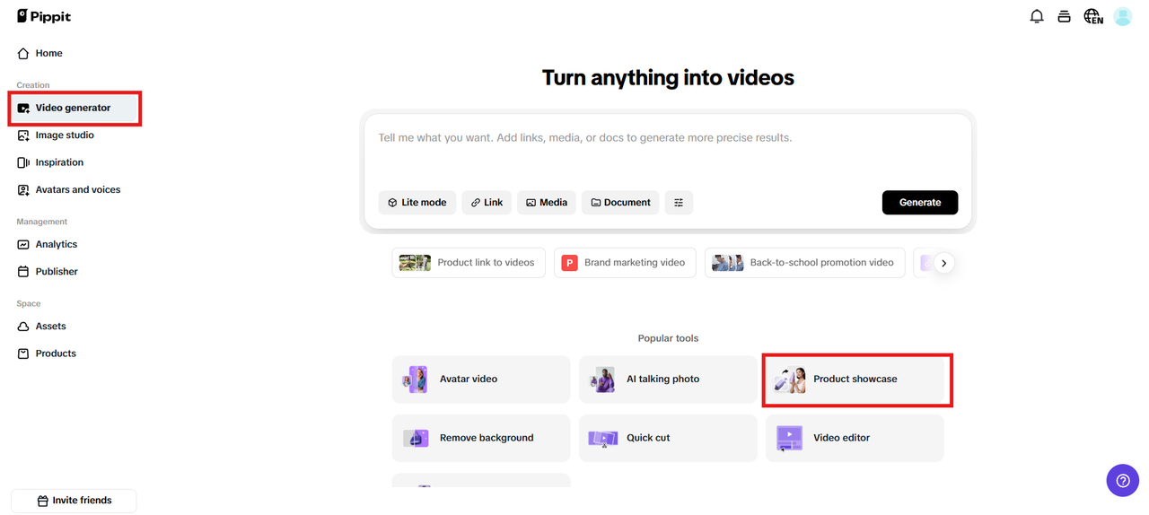 Select the Product showcase feature