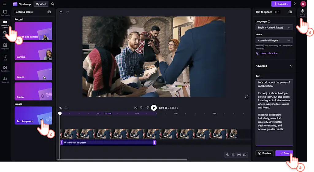 AI hang létrehozása a Clipchamp-ben