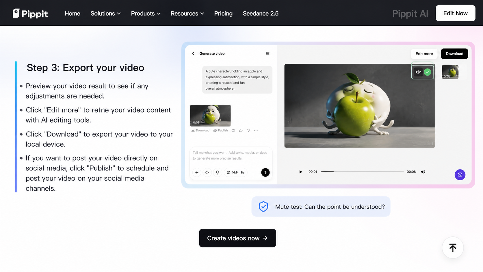 Step 3: Export your video with buttons for Edit more and Download beside a mute test preview