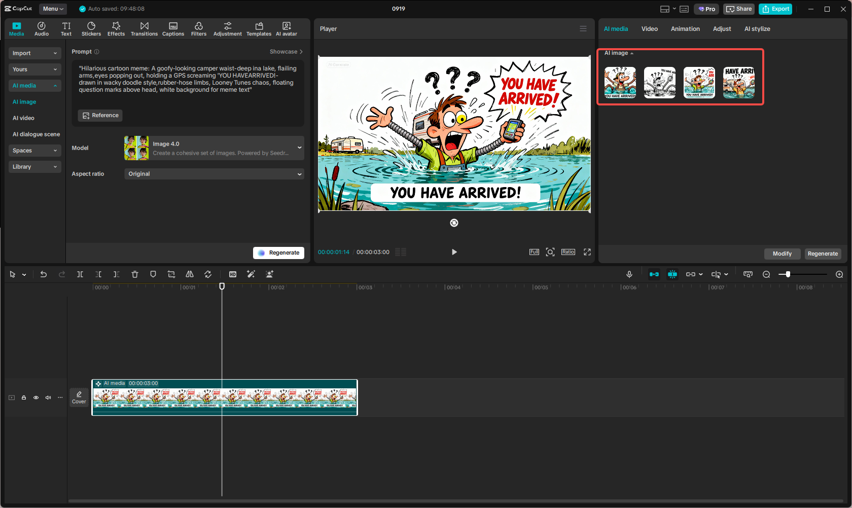 Editing the AI-generated camping meme in CapCut