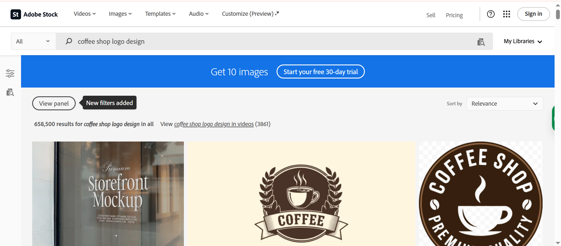 Interface of Adobe Stock - easy to access library of coffee shop logo designs for free