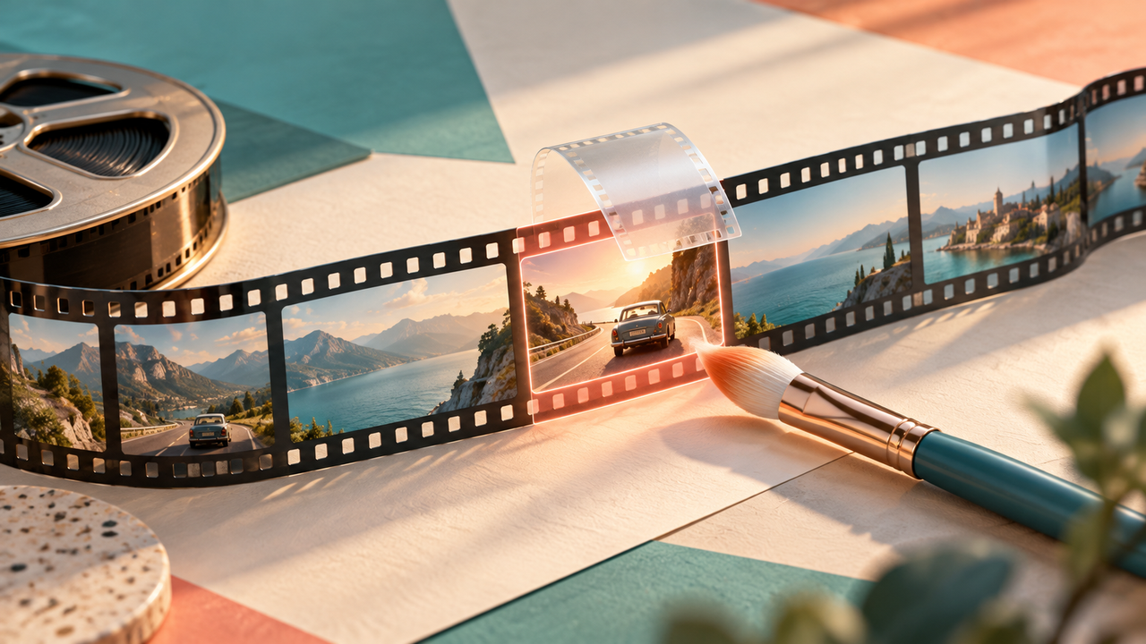 A film strip with a highlighted local patch and editing brush