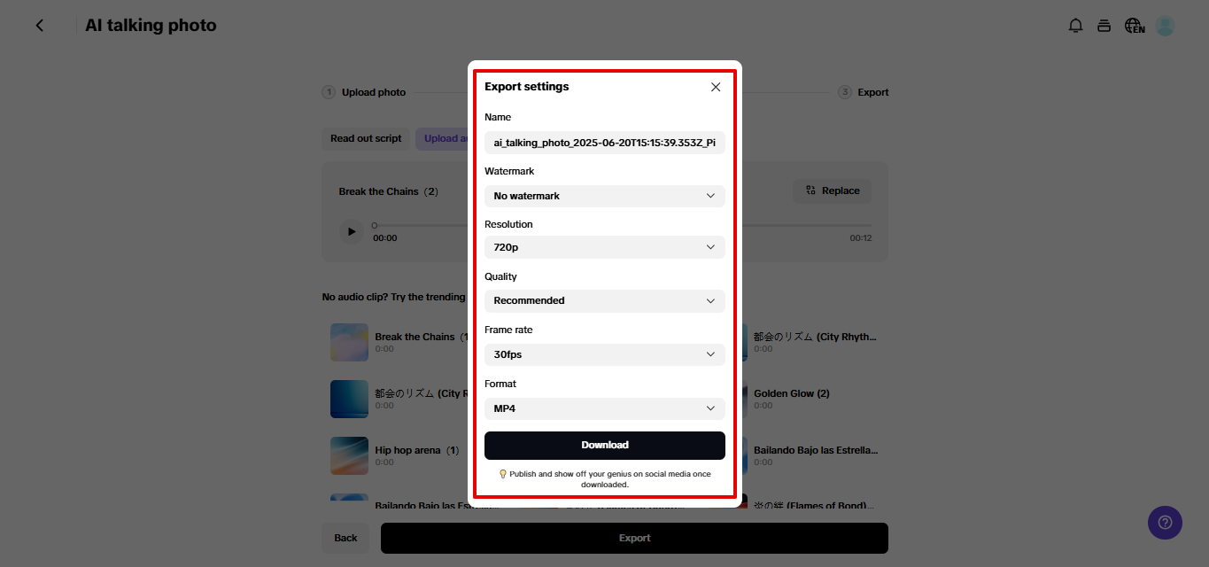 Exporting avatar from Pippit