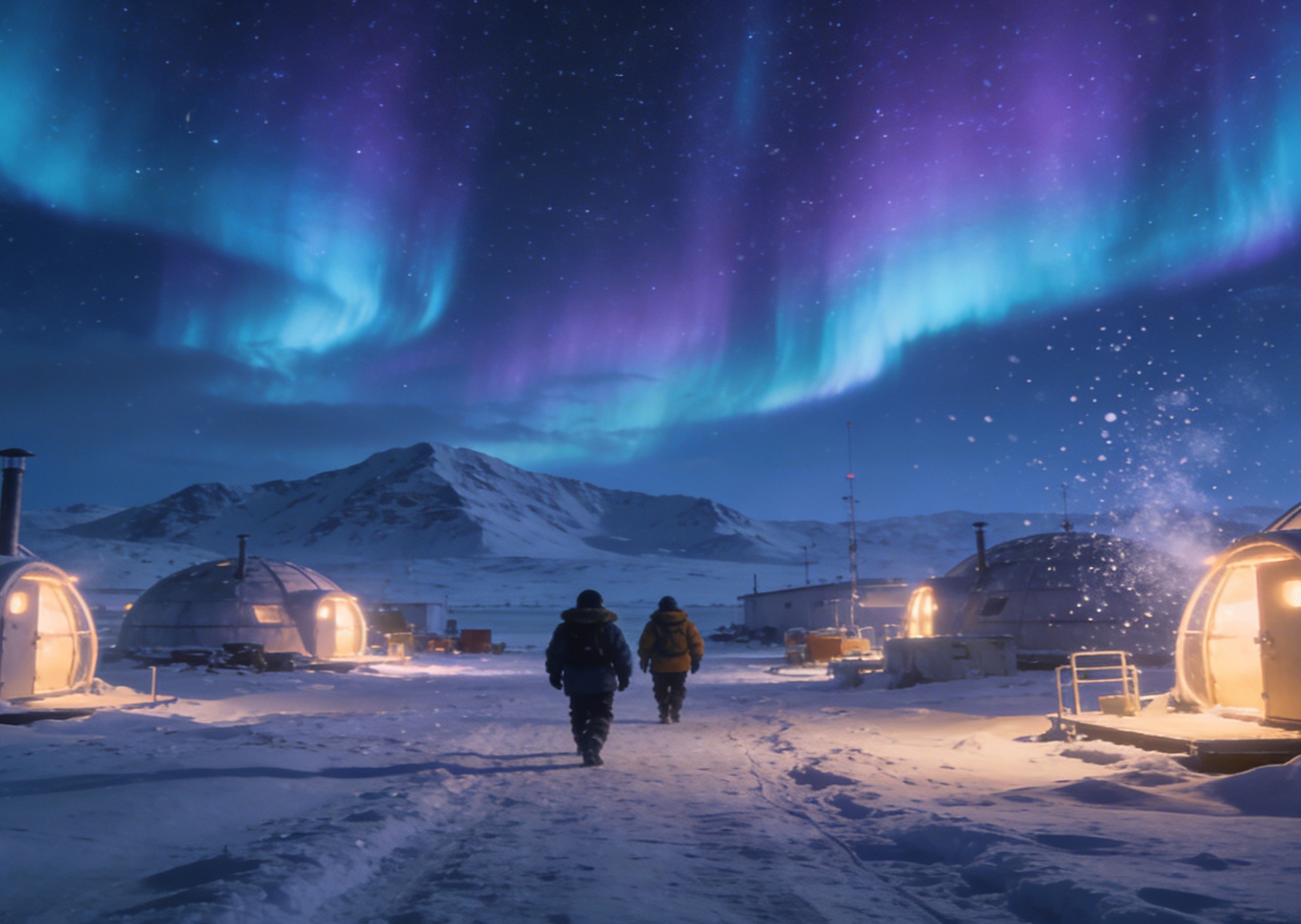 A serene Arctic research outpost during polar night