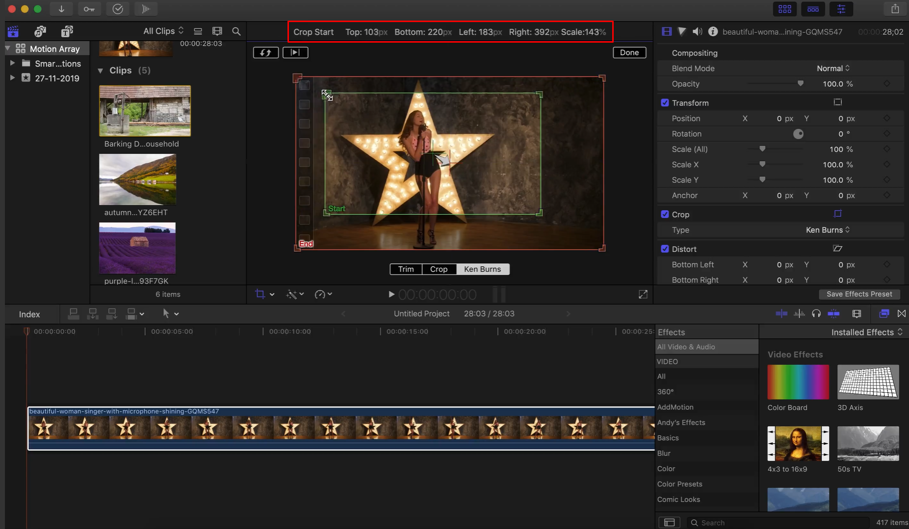 Adjusting the start and end frames of zoom transitions in Final Cut Pro
