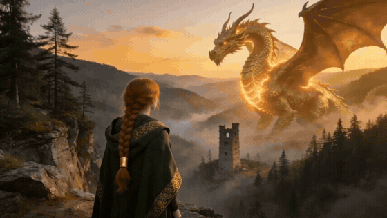 From behind, a red-haired woman in a green cloak watches a golden dragon lower its glowing head over a misty valley with a stone tower; the picture flashes white and cuts to a close-up of her face looking up, lit from the right of the picture.