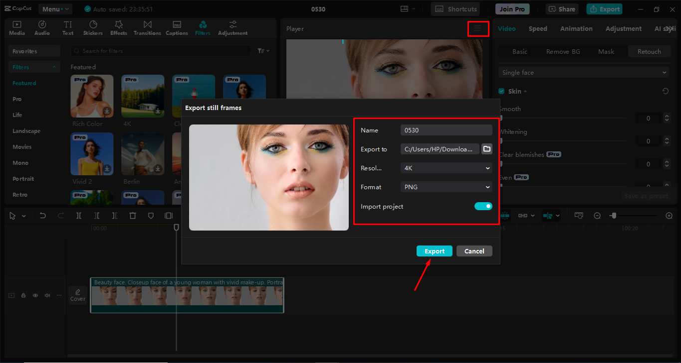 Exporting the photo from the CapCut desktop video editor