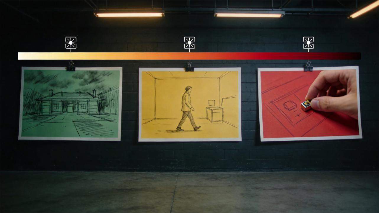 Three storyboard sketches hang on a dark wall under a color gradient bar.