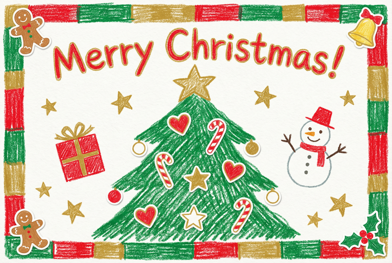 Christmas card created from a child's drawing with playful decorations