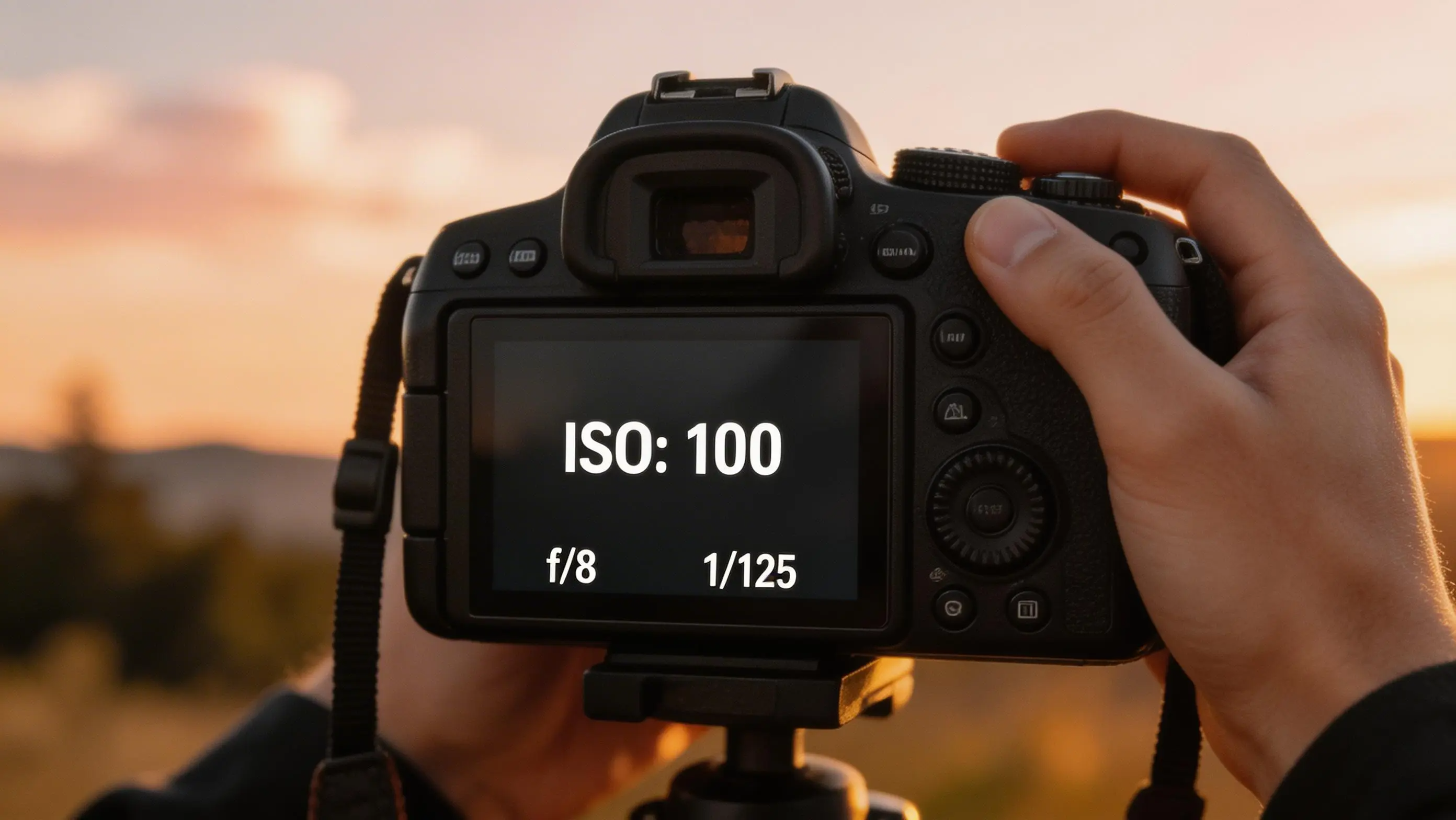 해질녘 ISO 100을 보여주는 DSLR 카메라