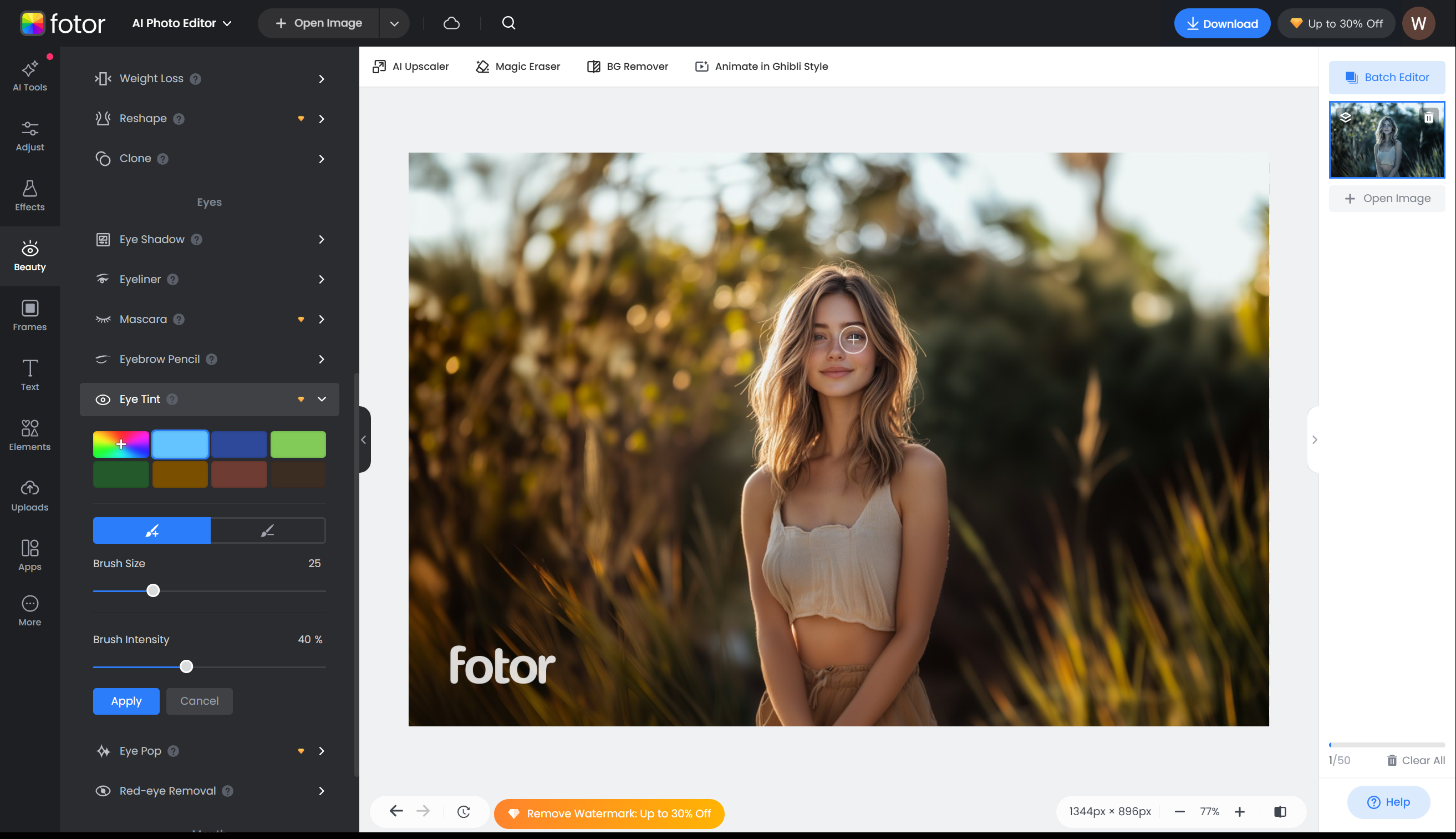 Antara muka Fotor - editor foto terbaik dan penukar warna mata
