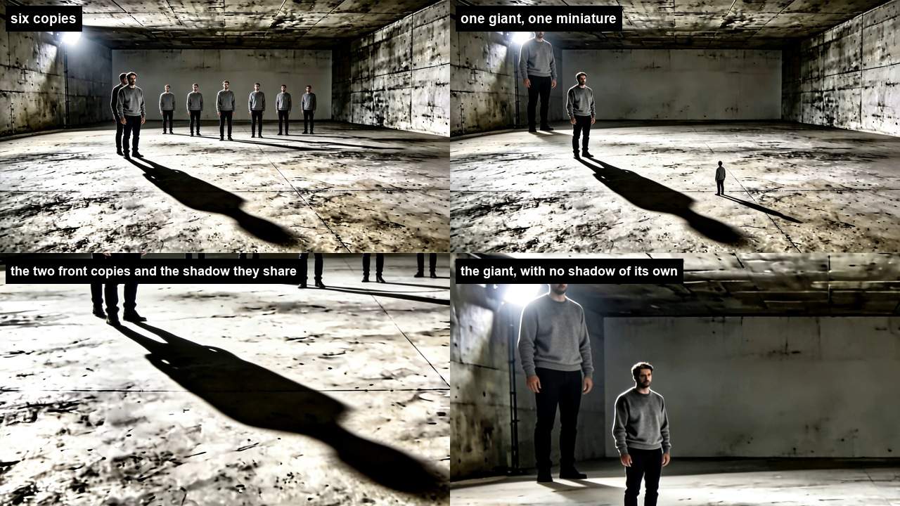 Top left: six copies of the man standing at different depths, with one long shadow at the front and small dark pools behind. Top right: a giant version of the man, the original, and a tiny version. Below, the front copies and the giant enlarged.