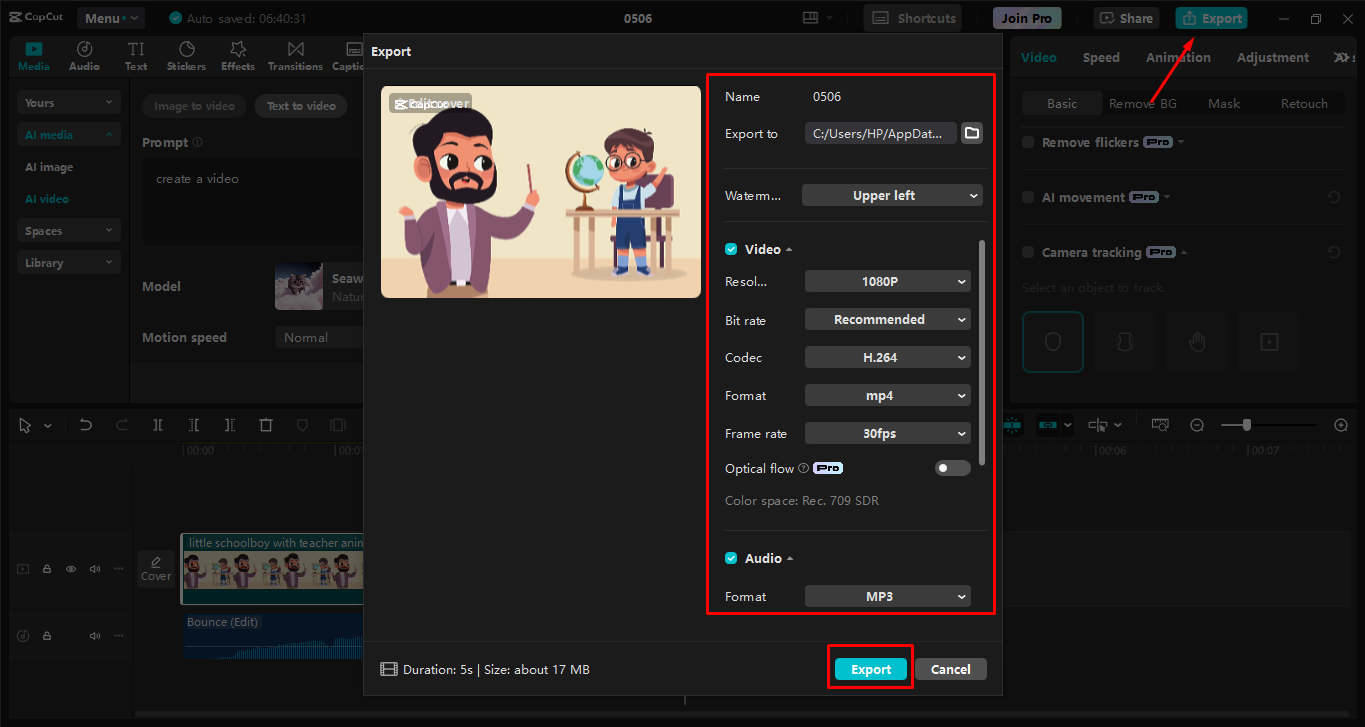 Exporting the media to the CapCut desktop video editor