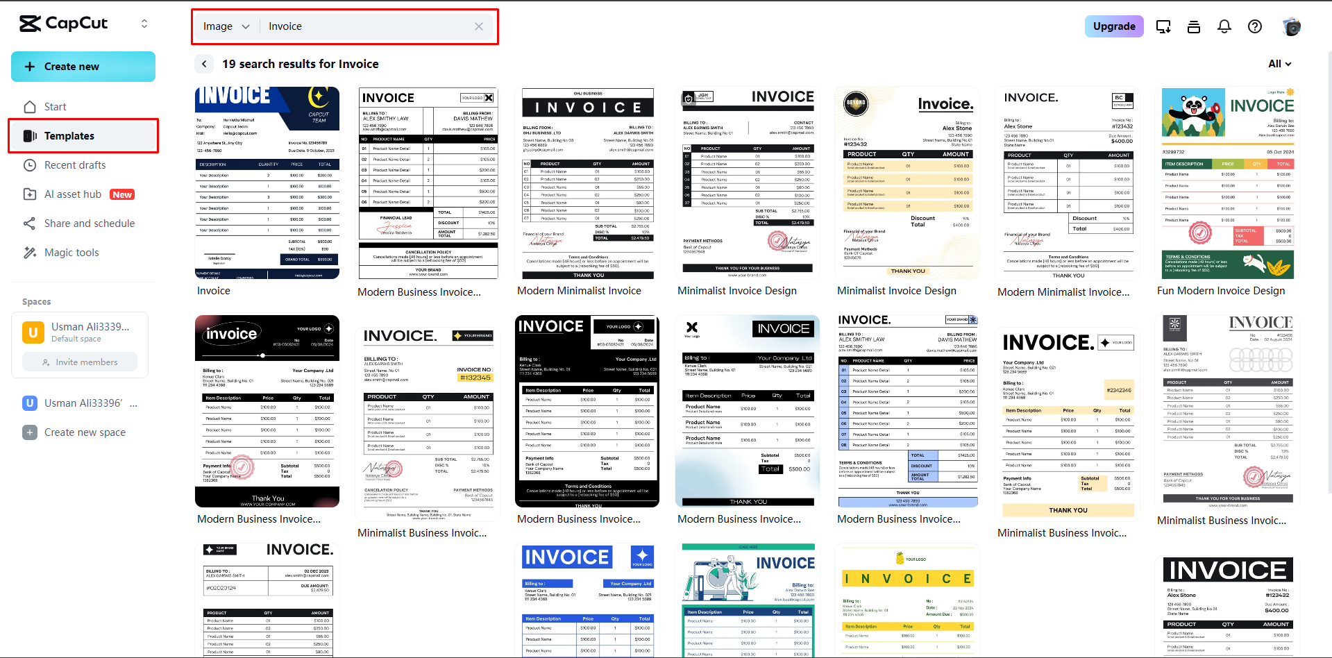 Escolhendo um modelo de fatura no CapCut Web