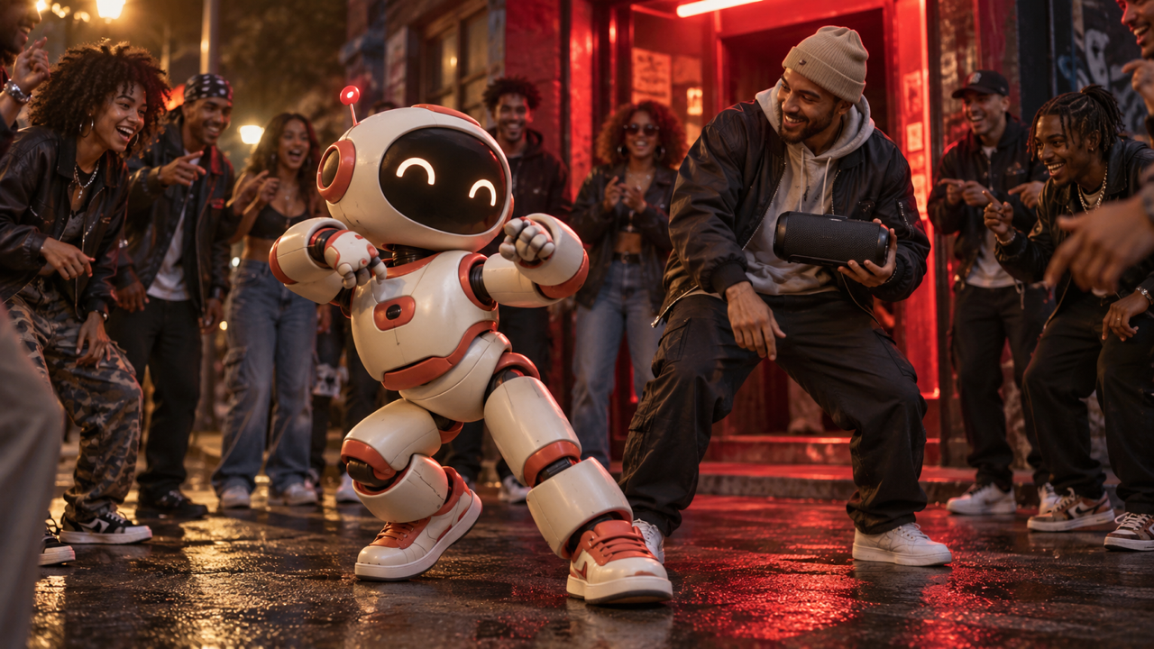 16:9 illustrative keyframe: friendly original cream-and-coral rounded robot with one articulated shoulder lifted, adult human holding black speaker beside it, realistic adult street crowd and red-lit nighttime venue behind.