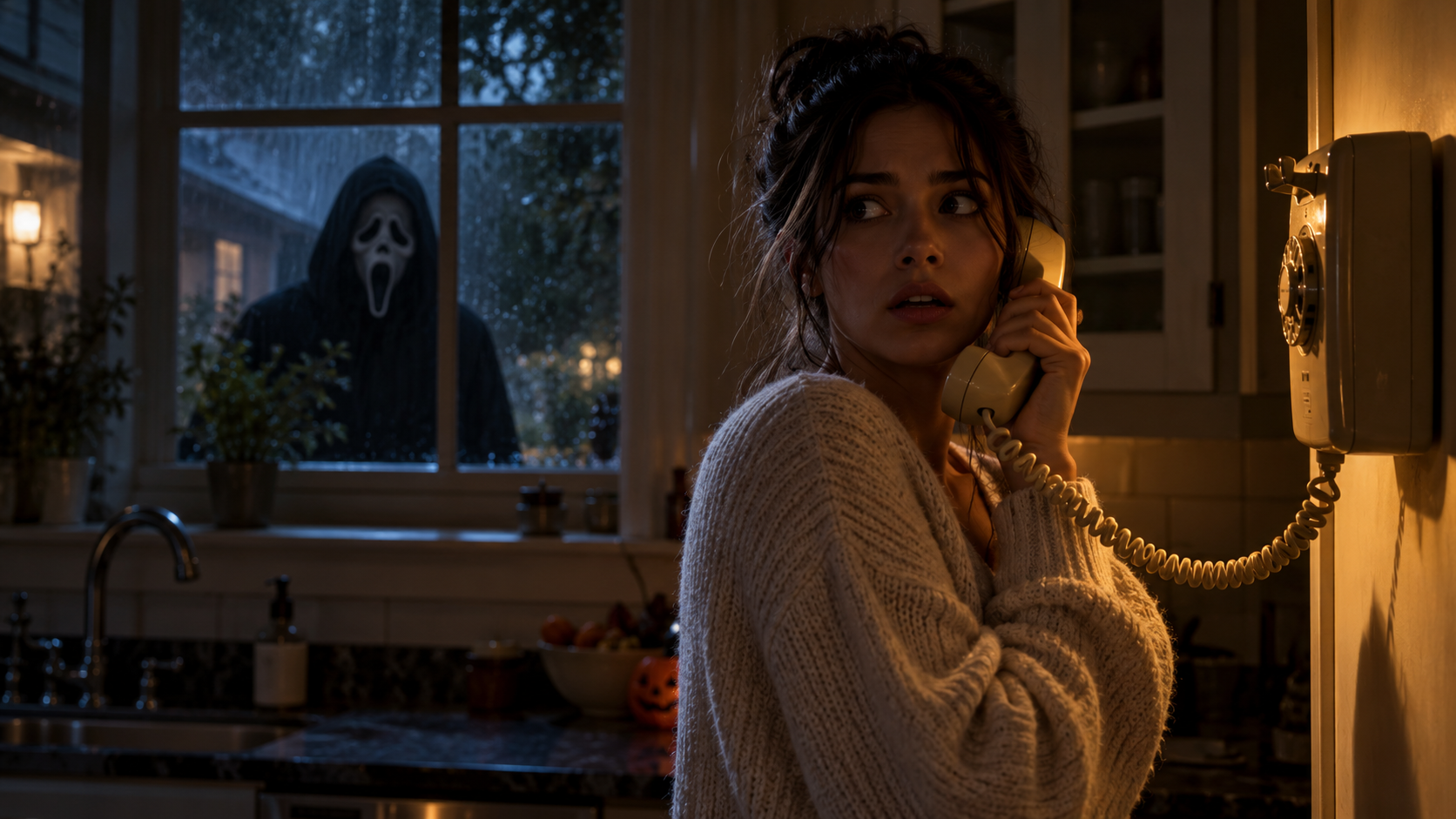 Uppmaningar om Halloween Ghostface-telefonsamtal: Retro Kitchen Call