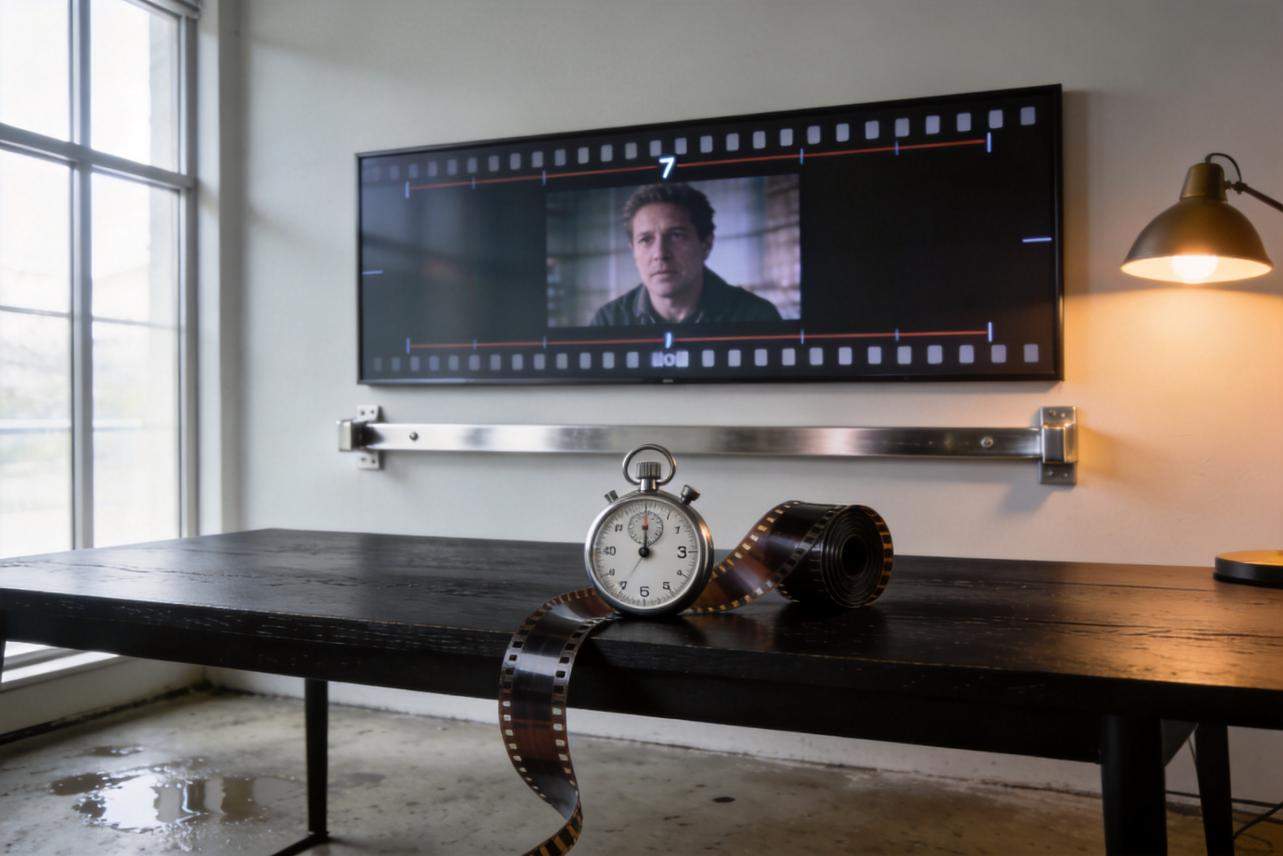 Stopwatch and film reel on a desk beneath a screen showing a 7-second video timeline