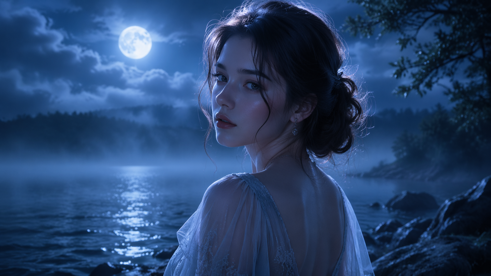 Dreamina AI moonlight filter prompt example 1: Blue Moonlight Portrait