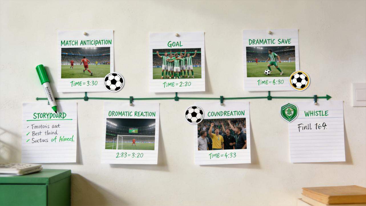 Soccer storyboard with pinned notes showing match anticipation, goal, dramatic save, reaction, and whistle