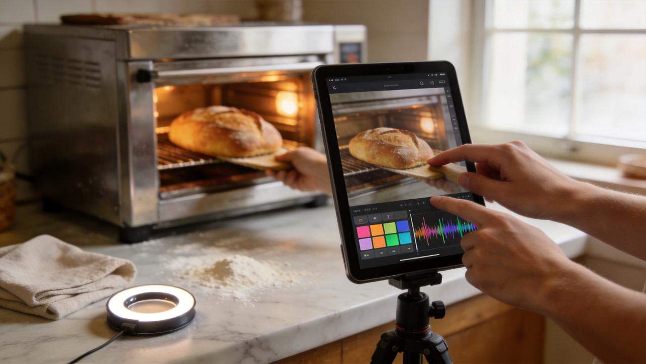 Hands editing a bread-baking video on a tablet while filming an oven scene in a kitchen