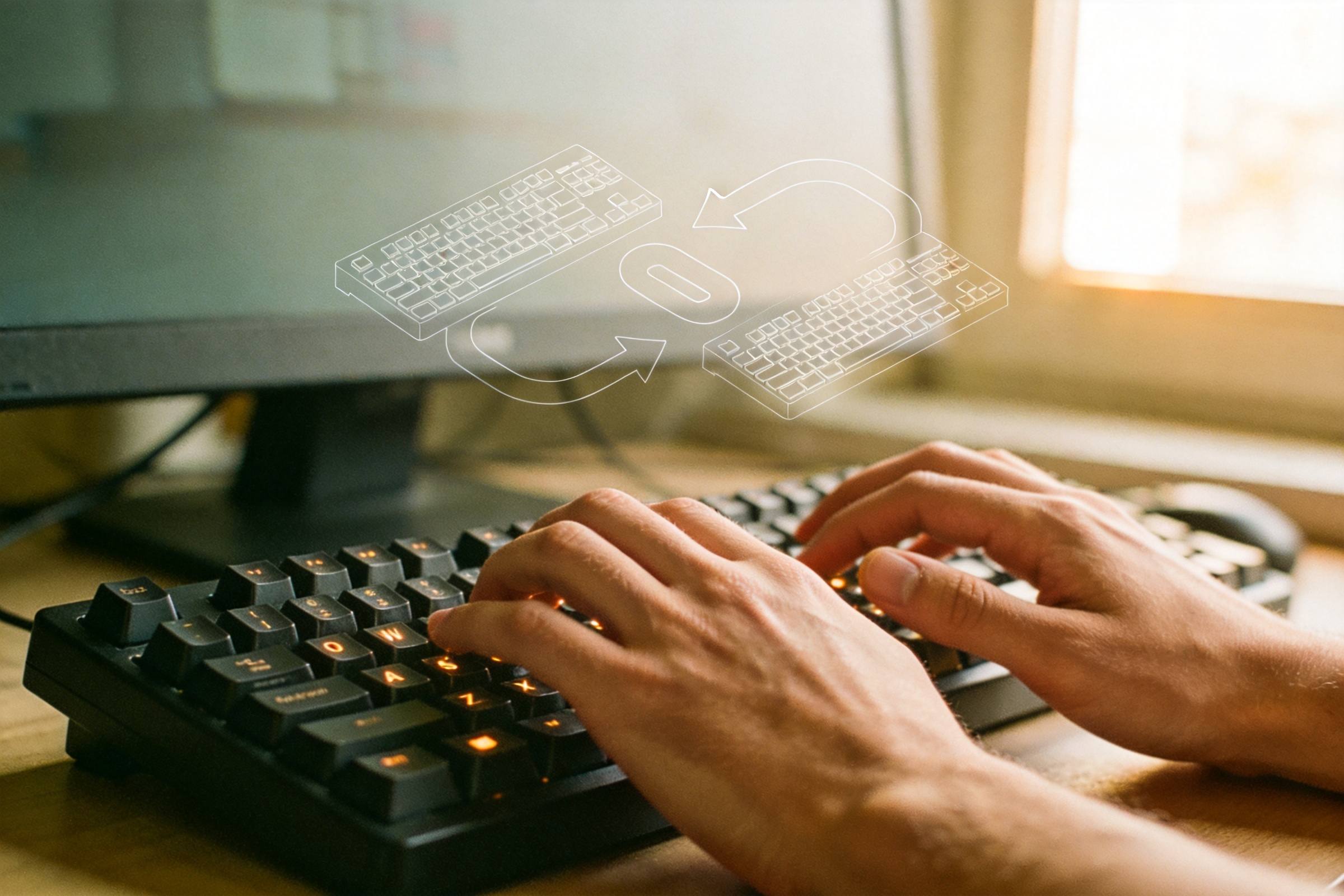 Hands typing on a backlit keyboard with loop arrows overlaid above