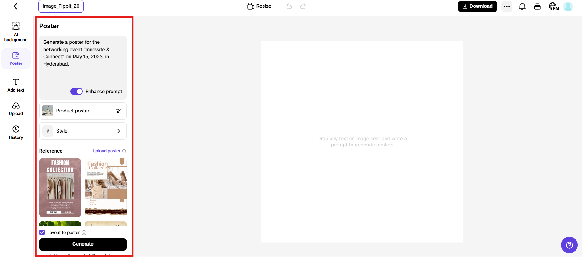 Insira prompts e gere