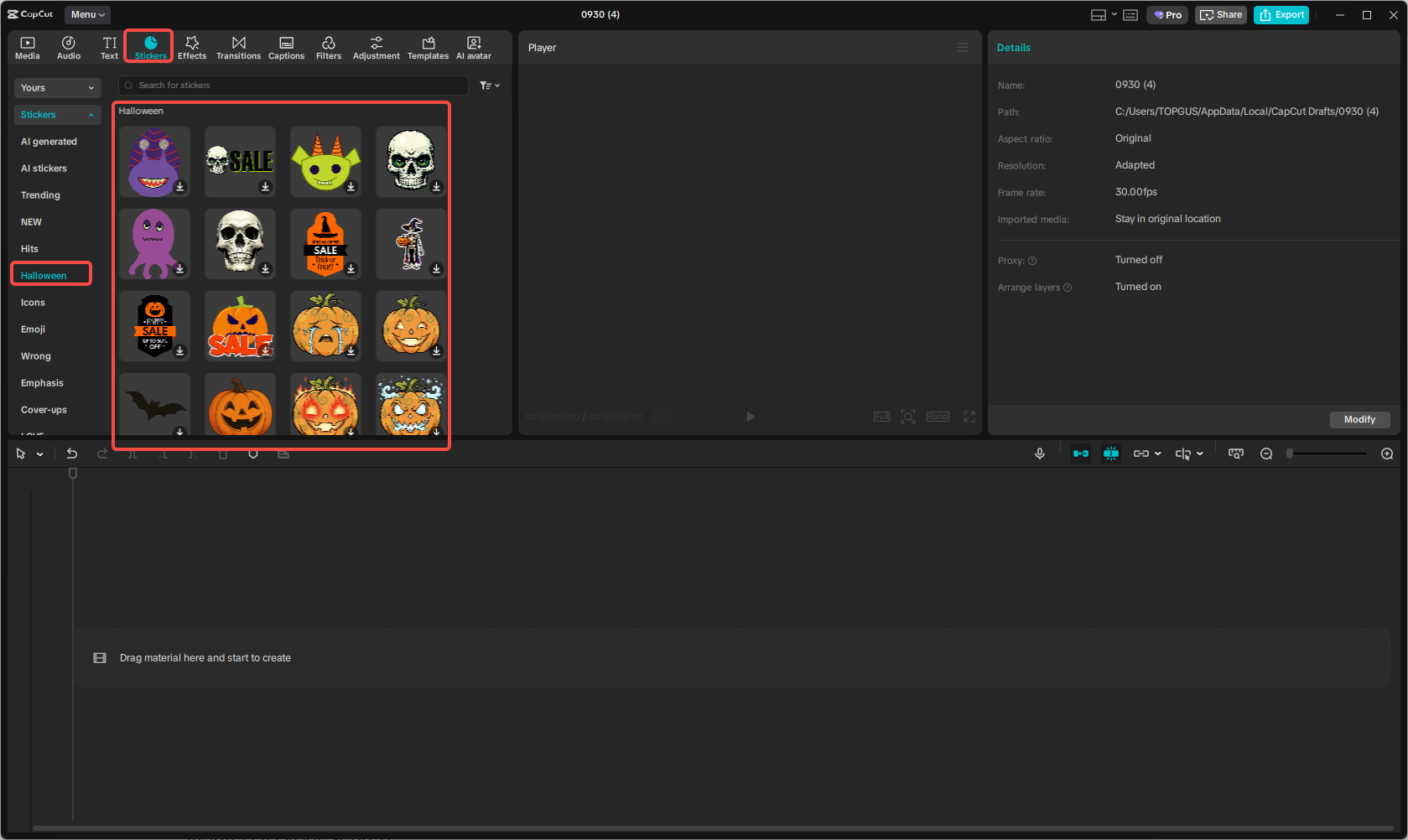 Select a Halloween sticker from CapCut's sticker library