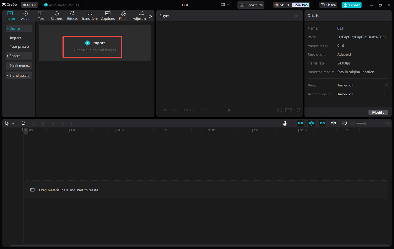 Importing videos to add wipe transitions in the CapCut desktop video editor