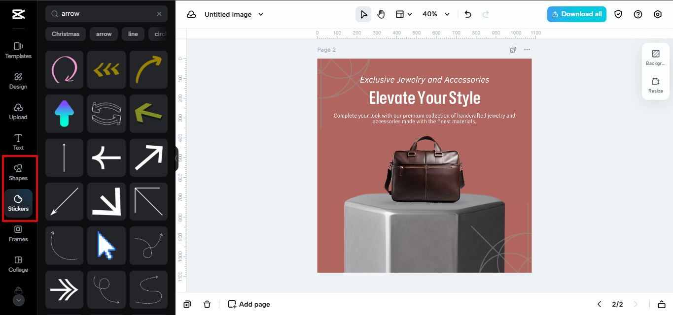 Stickers and shapes library in CapCut Web