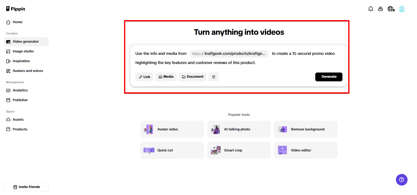 Entering prompt in Pippit video generator