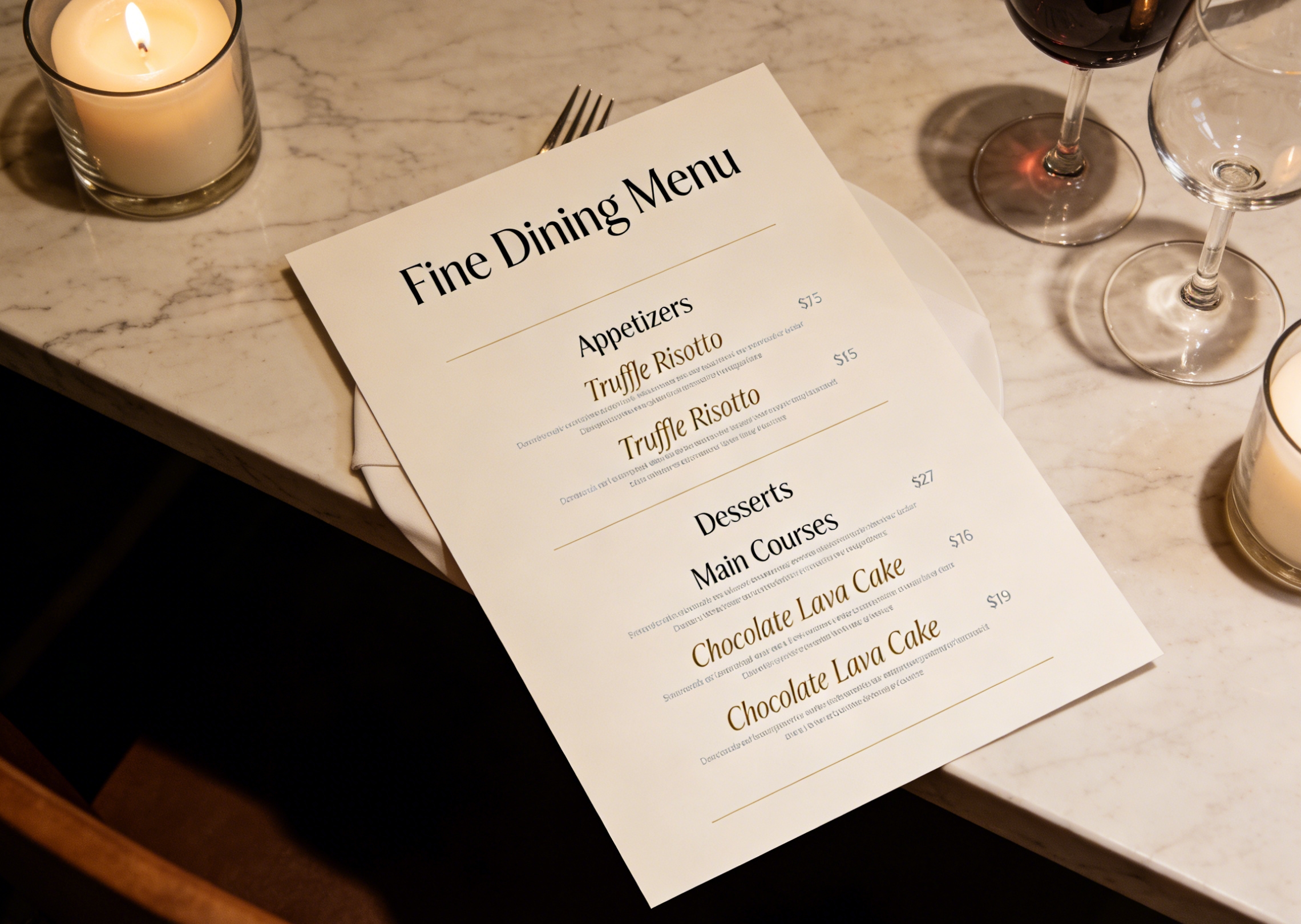 An elegant restaurant menu design on a marble countertop