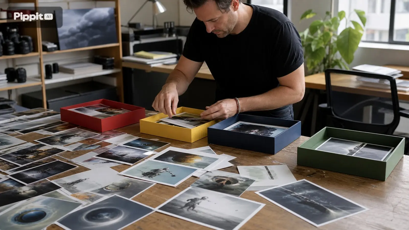 Un uomo ordina foto stampate in scatole colorate su una scrivania