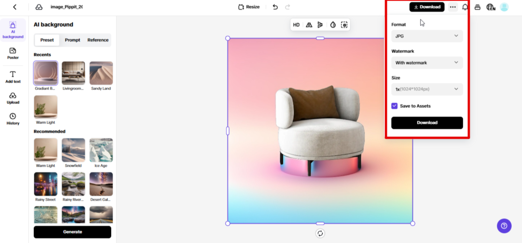 Exporting product photo from Pippit