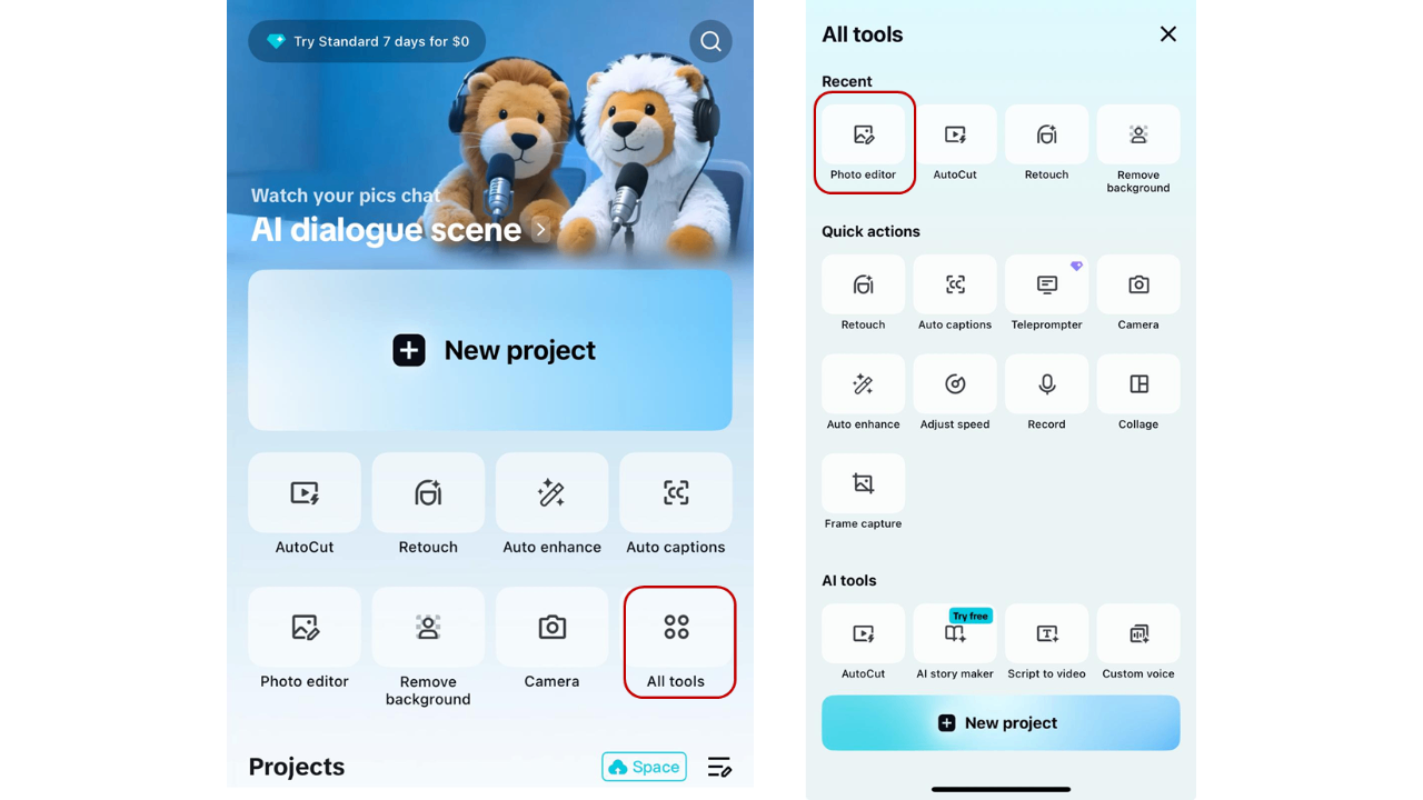 Open CapCut App and access Photo editor