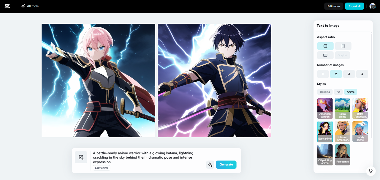 Interface of CapCut Web - the best AI image description generator