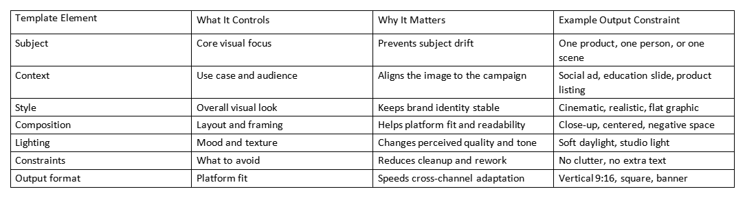 Table of template elements, controls, importance, and example output constraints for AI image prompts