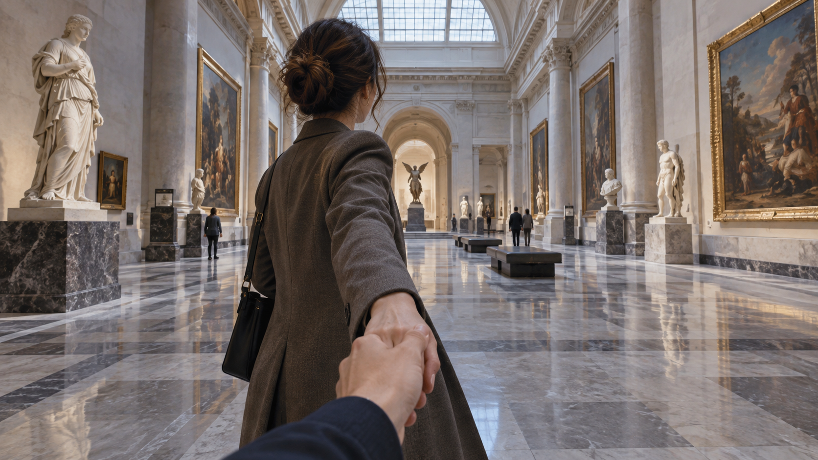 mano con me effetto AI: Invito alla sala del museo